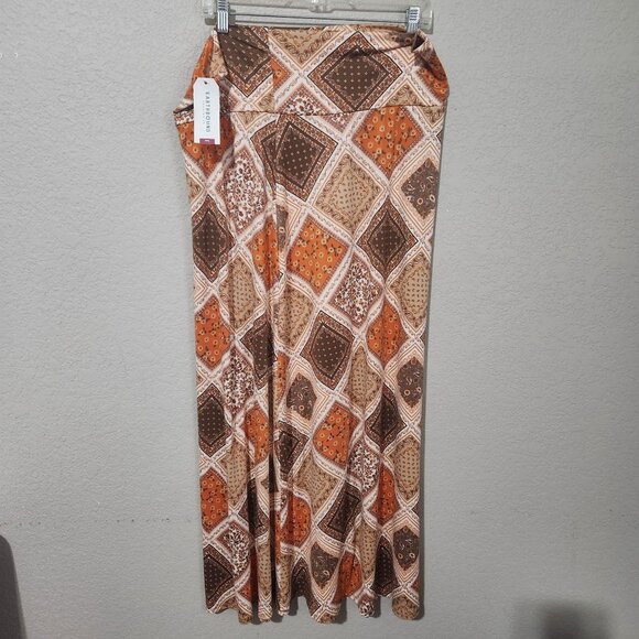 Earthbound Trading Co. XXL Geometric Patchwork Maxi Skirt Orange & Brown - Picture 4 of 9